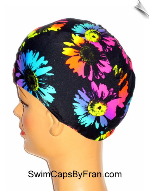 Black Neon Floral Print Lycra Swim Cap